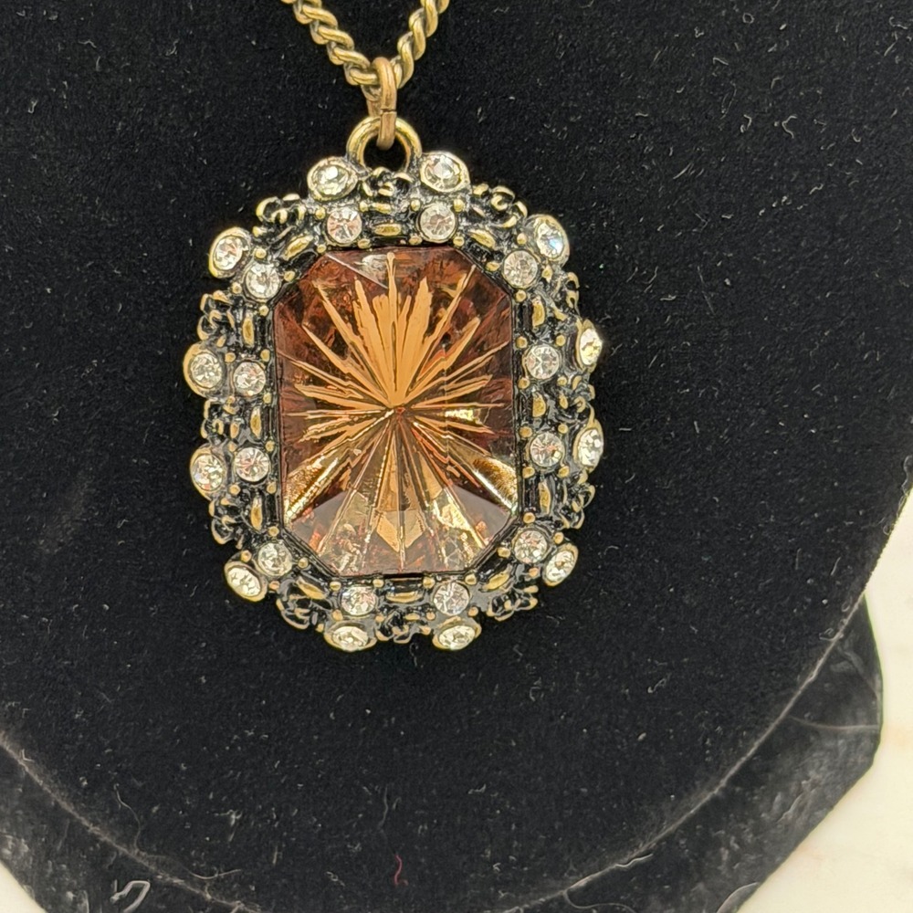 Bronze Amber glass Starburst Rhinestone Statement Pendant Necklace by NWT